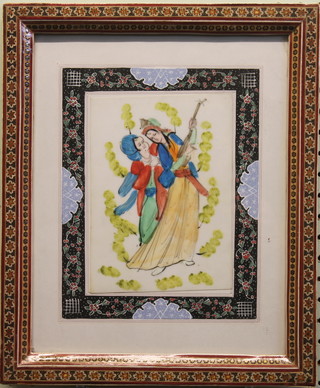 A "Persian" painting on ivory panel "Two Musicians" 7" x 5" contained in an inlaid Moorish style frame