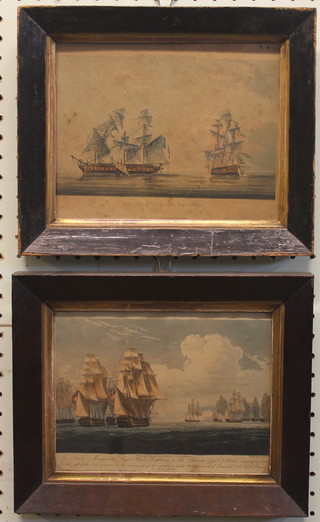 Pair of 18th Century coloured prints after drawings in the possession of Captain Rathbone "Santa Margaretta and Capture of   La Didon August 10 1895" 7" x 8"