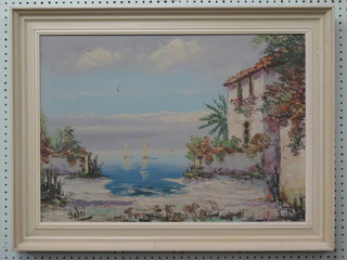 Gabri, oil on canvas "Mediterranean Scene with Terrace and Yachts" 19" x 27"