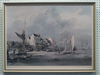 Rowland Hilder, a signed coloured print "Quay with Sailing  Boats" 18" x 9 1/2"