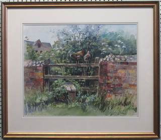 W Jelbert, watercolour drawing "Stile with Hens and Cockerel"  15" x 19"