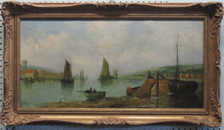 J Bailiff, 19th Century oil on canvas "The Thames with Fishing Boats" 11" x 24"  ILLUSTRATED