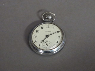 An Ingersoll open faced pocket watch contained in a chrome case