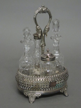 A glass 4 piece cruet set contained in a silver plated frame