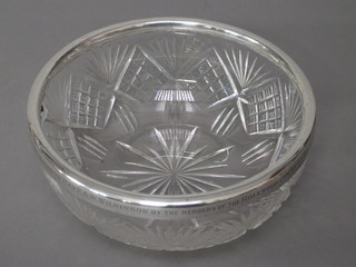 A cut glass silver bowl the rim marked Presented to The Rev. F  A Wilkinson by the Members of the Hollywood Cricket and  Hockey Club on the occasion of his leaving for England June  1921, 8"
