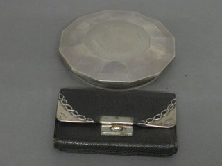 A leather and silver mounted purse together with an Art Deco  silver dressing table powder jar lid, London 1929, 3"