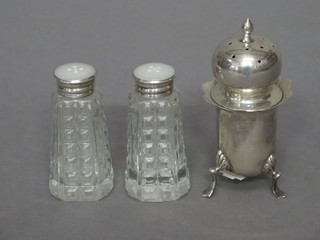 A silver pepperette, marks rubbed, together with a pair of cut glass peppers with silver mounts