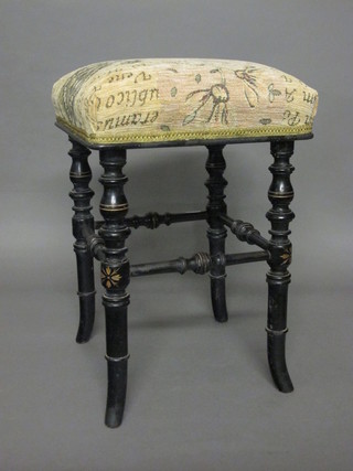 A Victorian square ebonised stool, raised on turned supports with turned stretchers, 14"