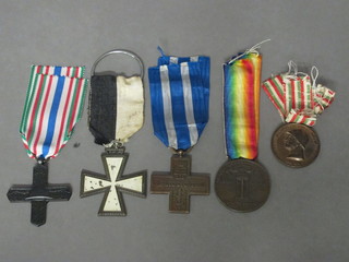 An Italian Victory medal, an Italian War Cross and 3 other Continental medals