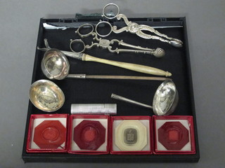 2 pairs of silver sugar nips, 3 silver toddy ladles, f, a silver lipstick, etc