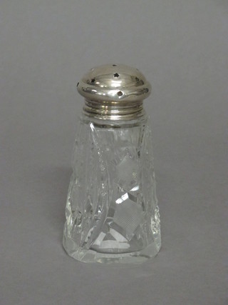 A cut glass sugar castor with silver top, marks rubbed