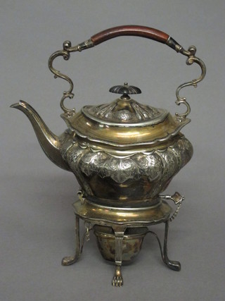 An oval engraved silver plated spirit kettle and stand complete  with burner
