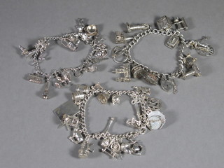 3 various silver curb link bracelets hung numerous charms