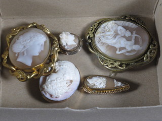 4 gold mounted cameo brooches and 2 others in gold plated  mounts