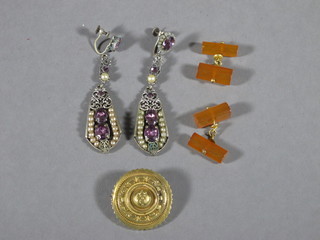A pinchbeck brooch, a pair of niello coloured cufflinks and a pair  of marcasite earrings
