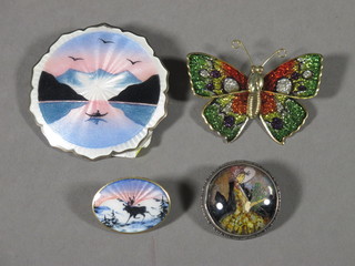 2 silver and enamelled brooches, a silver butterfly brooch and an enamelled butterfly brooch