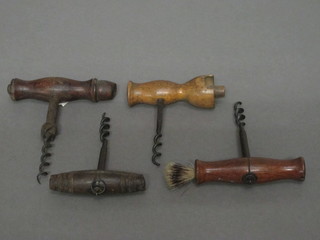 A 19th Century steel corkscrew with brush together with 3 other corkscrews