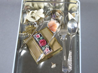 A 9ct gold and pearl brooch in the form of a bunch of grapes, a cameo brooch, a pair of bright cut sugar tongs etc