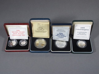 A 1980 silver proof Falkland Islands crown, 2 1990 silver proof five pences, a 1990 silver proof Queen Mother 90th Birthday  crown and a 1995 WWII silver proof ?2 coin