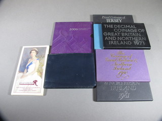 5 British proof coin sets 1971, 1977, 1980, 1981, 1982, a Jersey proof set of coins 1980, a 2006 Queens 80th Birthday crown, a  Queens 70th Birthday ?5 coin and an Orient Express coin cover