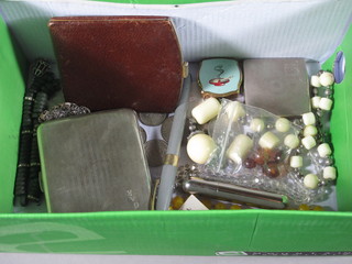 A silver plated cigarette case and a collection of coins, a small  collection of costume jewellery
