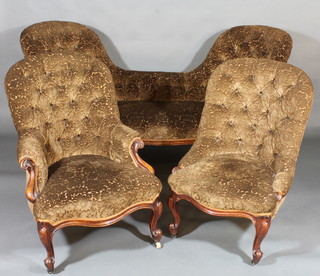 A Victorian carved mahogany show frame 3 piece settee suite comprising double back settee and pair of chairs, raised on  cabriole supports