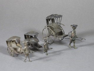 3 Oriental white metal figures of rickshaws