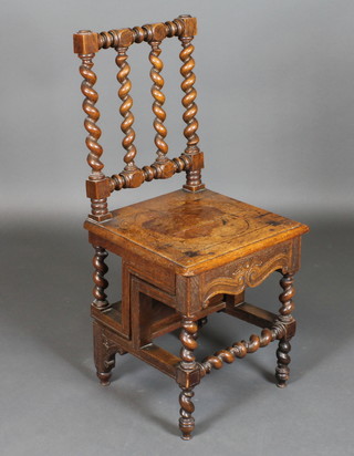 A pair of Victorian oak metamorphic library steps in the form of  a hall chair with spiral turned decoration   ILLUSTRATED
