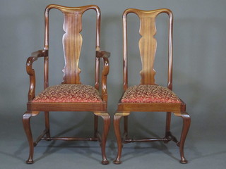 A set of 8 Queen Anne style slat back dining chairs with  upholstered drop in seats, raised on cabriole supports with H framed stretchers - 2 carvers, 6 standard