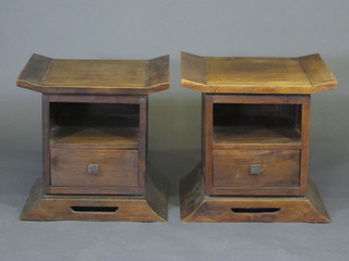 A pair of hardwood bedside cabinets fitted a recess above a  double cupboard 21"
