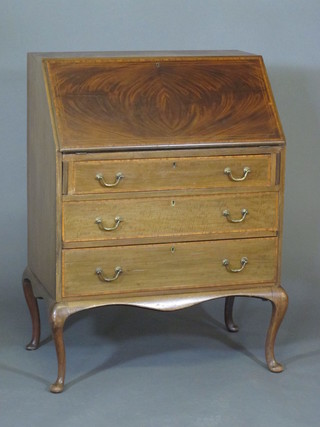 An Edwardian inlaid mahogany bureau, the fall front revealing a well fitted interior above 3 long graduated drawers, raised on  cabriole supports 29"