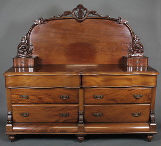 A Victorian Scots mahogany sideboard of serpentine outline with raised back, fitted 2 long secret drawers above 3 long drawers,  raised on bun feet 70"  ILLUSTRATED