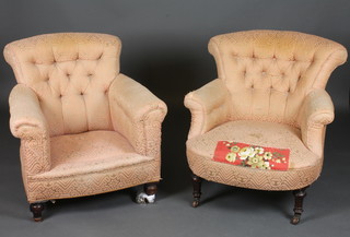 2 similar Victorian mahogany tub back chairs raised on turned supports