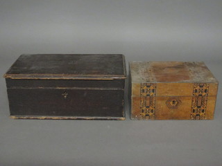 A 19th Century rectangular mahogany trinket box with hinged lid  14" and a Victorian mahogany trinket box with parquetry  banding 10"