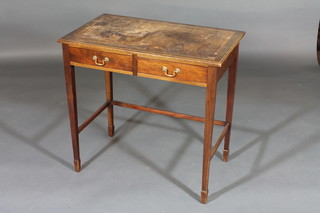 An Edwardian side table with inset tooled leather writing surface, fitted 2 short drawers, raised on square tapering supports ending  in spade feet 30"