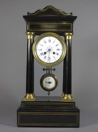 A 19th Century French striking Portico clock with enamelled dial  and Roman numerals, chip to dial, contained in an ebonised case  supported by 4 pillars  ILLUSTRATED