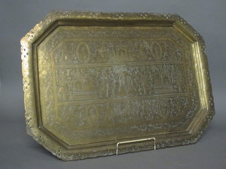 An engraved Eastern brass lozenge shaped tray 28"
