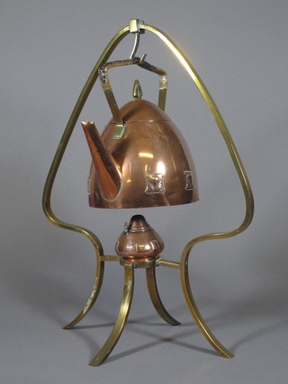 A WMF Art Nouveau copper and brass tea kettle and stand  complete with burner, the base with diamond mark with ostrich  to the centre, hinge f,  ILLUSTRATED