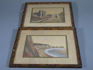 2 19th/20th Century Isle of Wight sand pictures - Alum Bay and Carisbrooke Castle 4 1/2" x 7"
