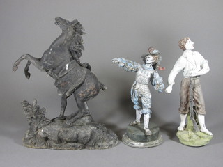 A spelter figure of a Marley horse 18" and 2 others - Cavalier  and Rifleman 13" and 12"