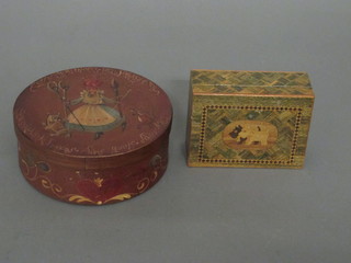 A 1930's parquetry trinket box with hinged lid decorated Scottie dogs 5" and a circular jar and cover