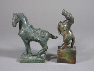 A bronze figure in the form of a Tang Horse 6" and a carved  hardstone seal in the form of a rearing horse