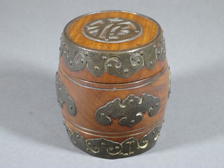 An Oriental turned hardwood barrel shaped trinket box with gilt mounts 4"