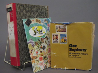 An Ace Explorer stamps album, a Globe Master stamp album and  a box of various stamps
