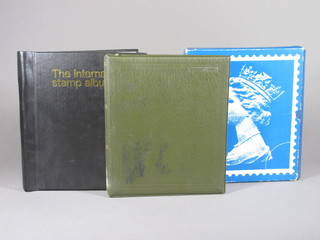 A Collect blue loose leaf album of British stamps, a green loose leaf stock book of various Jersey stamps and a Unique  International stamp album