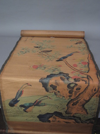 A Chinese scroll print, birds amidst branches
