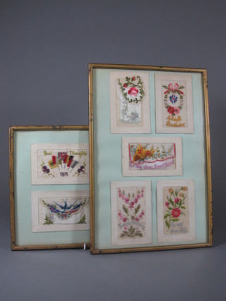 9 various WWI embroidered postcards contained in 2 gilt frames