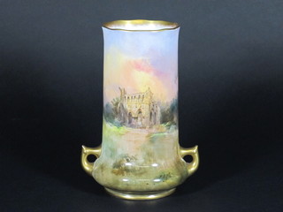 A Royal Doulton twin handled vase decorated St Mary's Aisle, Dryburgh, painted by J H Plank 8"