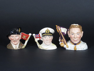 3 Royal Doulton limited edition character jugs - Earl  Mountbatten of Burma D6851, Viscount Montgomery of Alamein D6850 and George VI Coronation D7167 3"