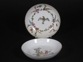 A Meissen saucer decorated 2 figures and 1 other saucer decorated a bird amidst swags 5"
